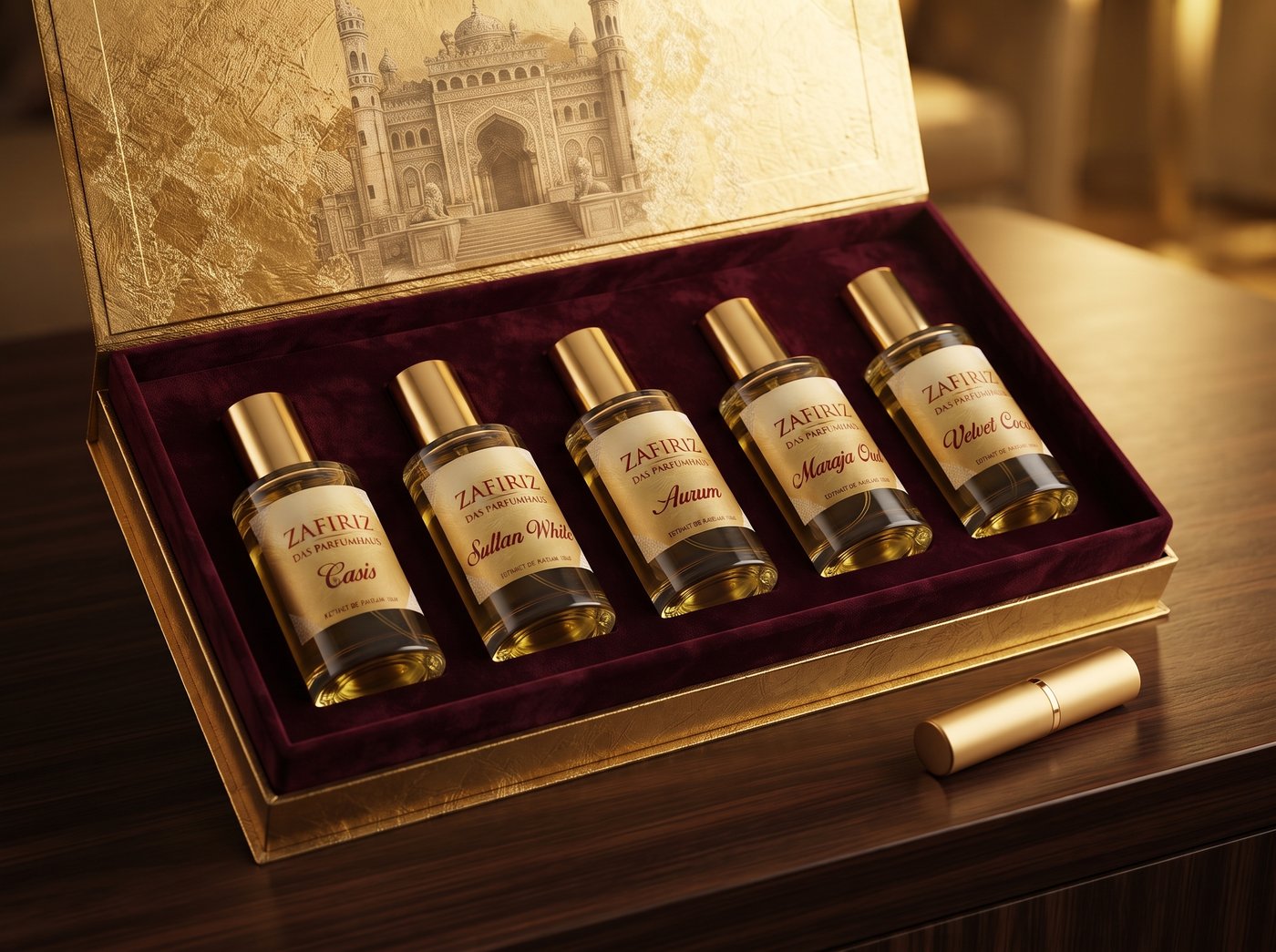 ZAFIRIZ Royal Sunset — alle fünf Signature-Düfte im Display